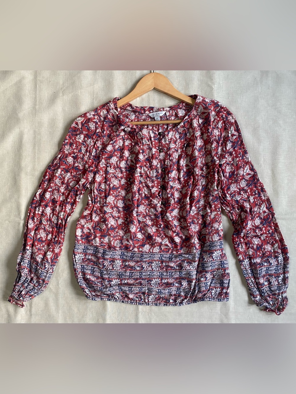 Lucky Brand Boho Rust Floral Button Front Peasant Blouse Top Size S